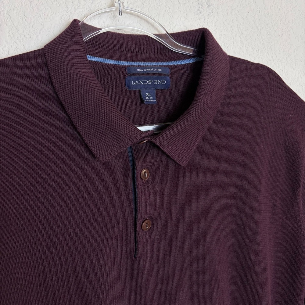 Lands End Mens XL Supima Cotton Long Sleeve Polo Sweater Burgundy Wine 46-48